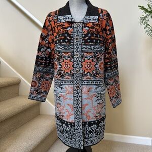 New Badgley Mischka Orange, Black and blue sweater Coat. Size M.